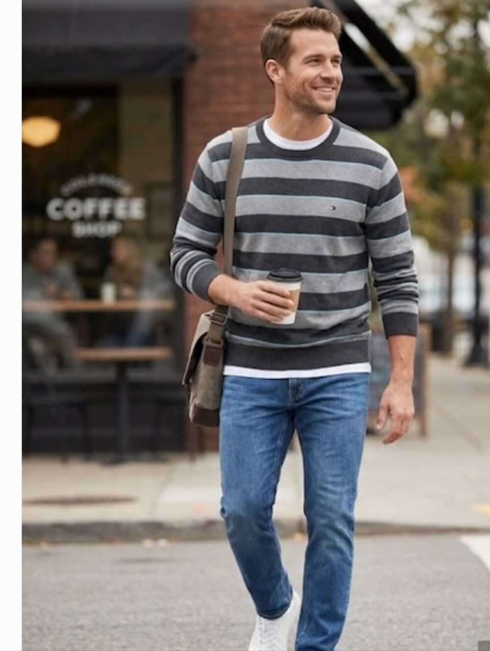 Tommy Hilfiger Men’s Gray, Charcoal & Light Blue Striped Crewneck Sweater
